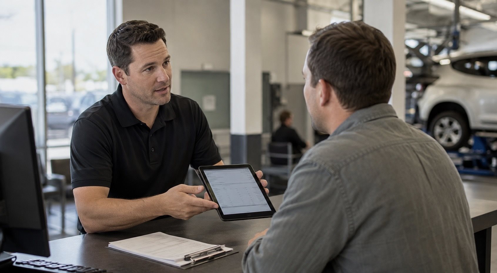 Service advisor reviewing a Honda repair estimate with a customer