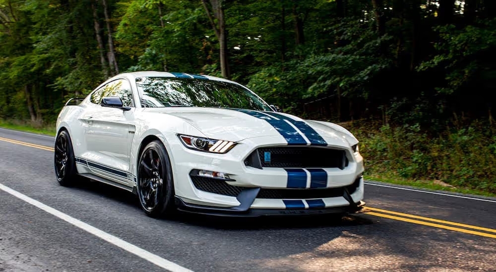 A white 2015 Ford Mustang GT350R is shown from the front at an angle after leaving a Ford dealer near Columbia, TN.