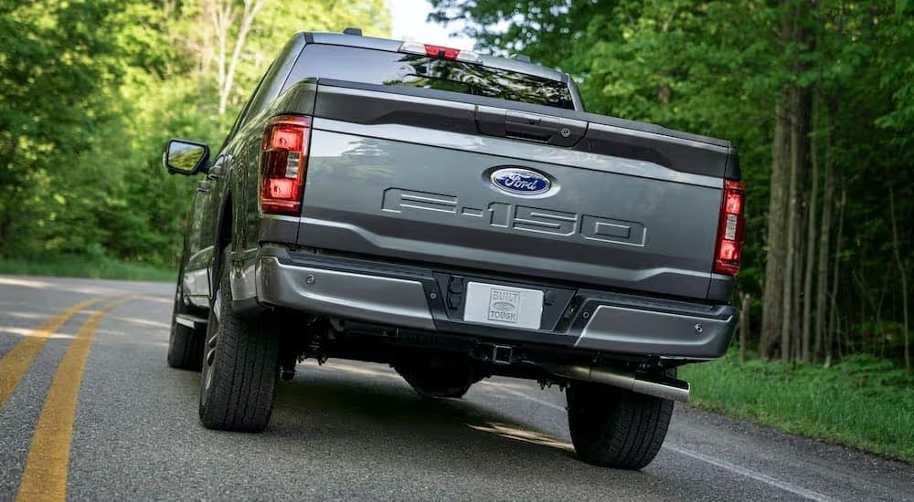 Rear view of a silver 2021 Ford F-150 driving on a tree-lined road.