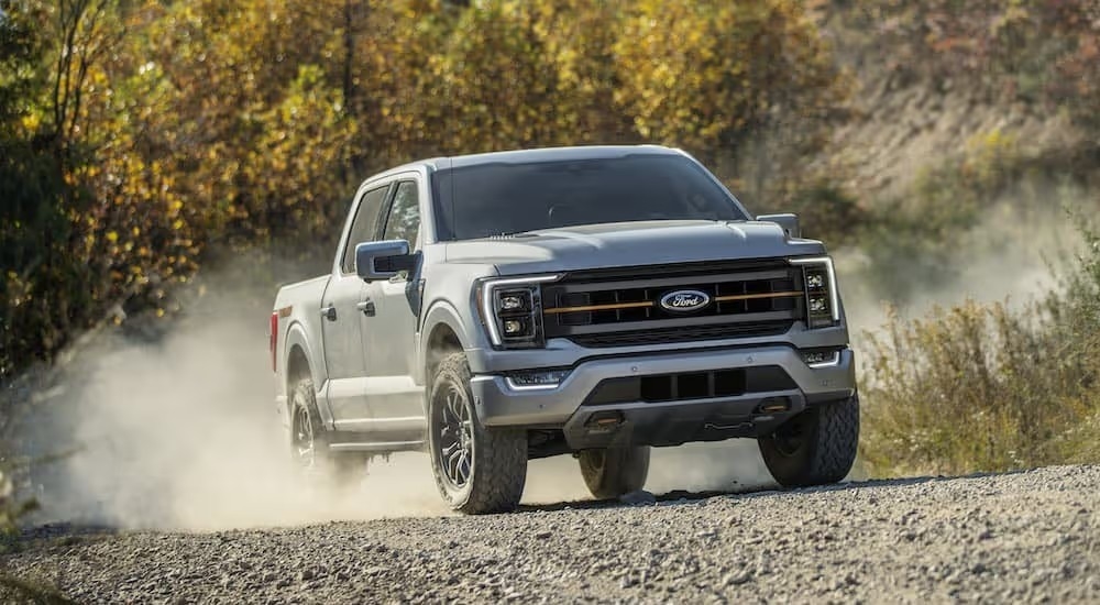 A silver 2023 Ford F-150 Tremor driving on a dirt road near Murfreesboro.