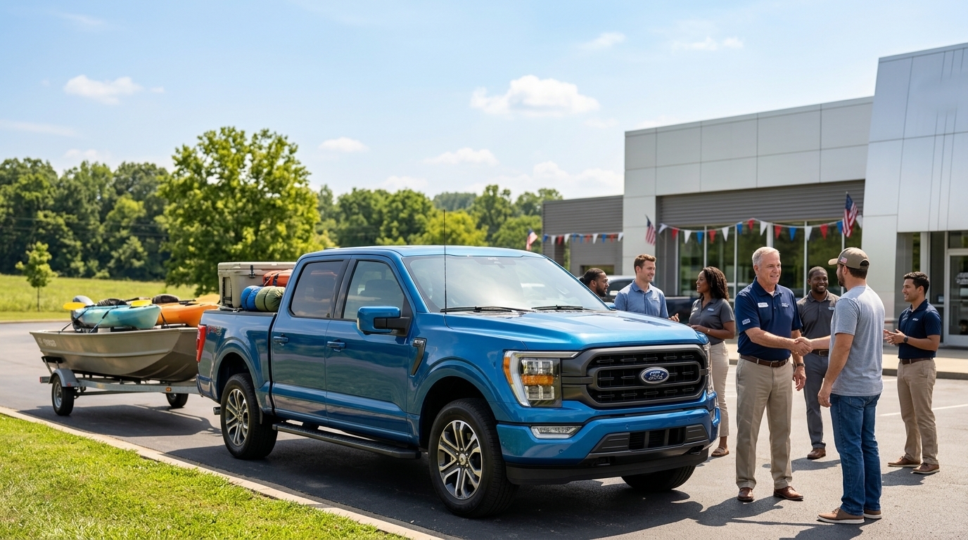 Blue Ford F-150 pickup truck towing a boat, parked at a dealership while a salesman shakes hands with a customer. (Representative image for illustration purposes only. Actual vehicle may vary based on trim and configuration.)