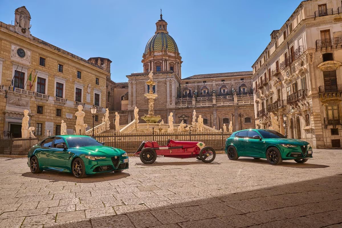 2024 Alfa Romeo Giulia and Stelvio Quadrifoglio 100th Anniversary models (European spec) alongside historic 1923 RL Quadrifoglio, showcasing 100 years of Alfa Romeo performance and racing heritage.