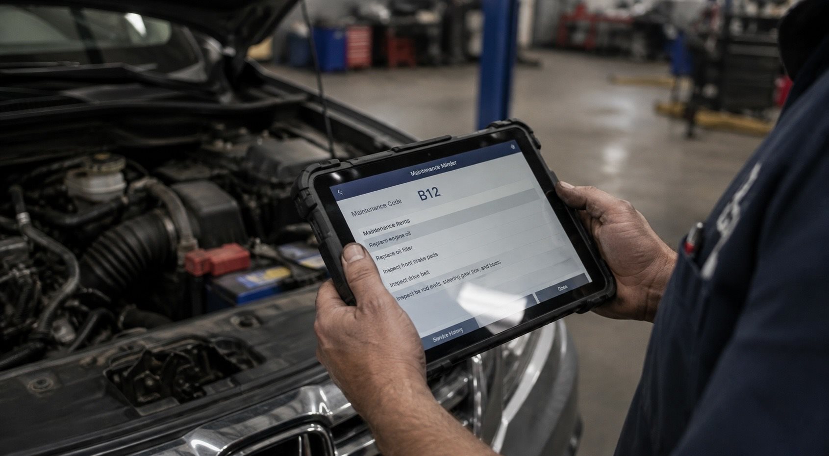Technician reviewing a Honda maintenance checklist at Brickell Honda service bay