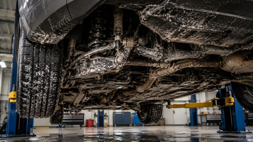 Underside of a vehicle showing rust and corrosion from winter road salt exposure common in Lake County