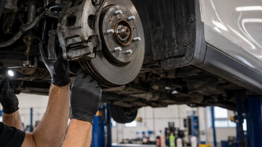 Honda Libertyville technician inspecting the underside of a vehicle with a flashlight during a B-service multi-point inspection