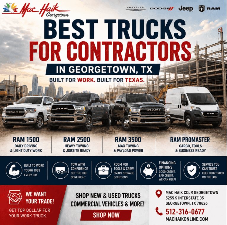 Best Trucks for Contractors RAM 1500 • RAM 2500 • RAM 3500 • Commercial Work • Towing • Payload • Business Mac Haik Dodge Chrysler Jeep Ram of Georgetown