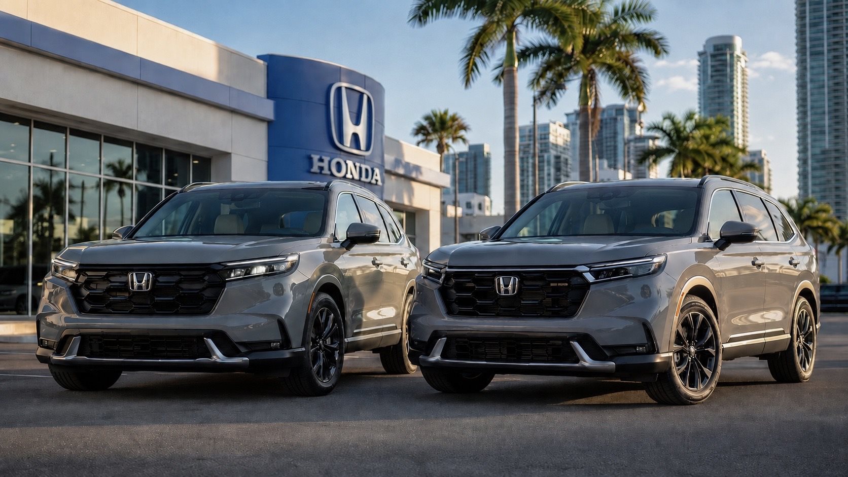 A 2025 and 2026 Honda parked side by side at Brickell Honda in Miami