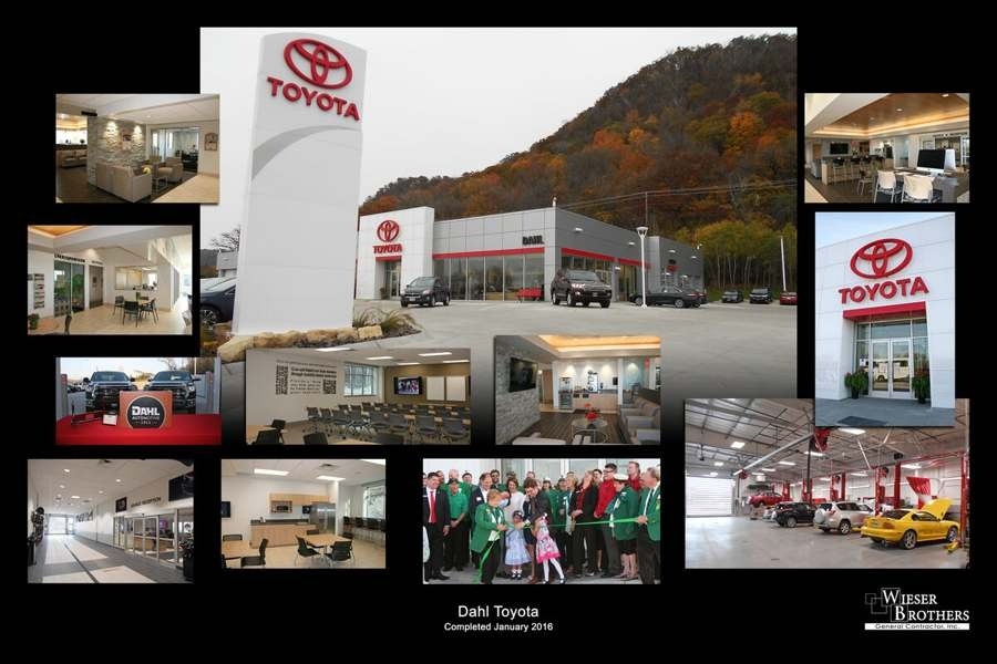 Exterior and interior scenes at a Toyota dealership with a tall Toyota pylon