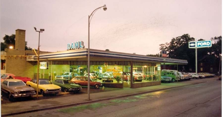 Evening exterior of Dahl Ford in La Crosse at 3rd and Division, 1974