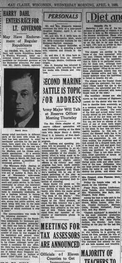 1930 newspaper article headlined Harry Dahl Enters Race for Lt. Governor