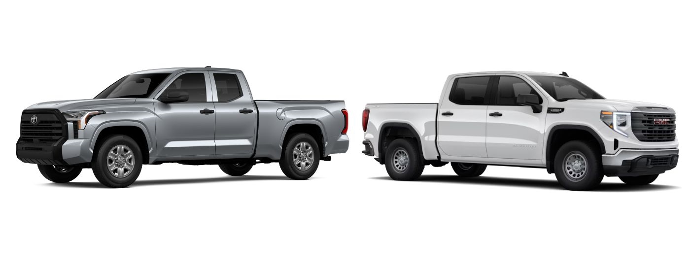 Grey 2026 Toyota Tundra angled left and a white 2026 GMC Sierra 1500 angled right.