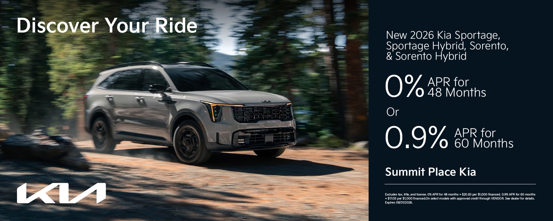 New 2026 Kia Sorento, Sportage Hybrid Finance for 0% APR OR 0.9% APR