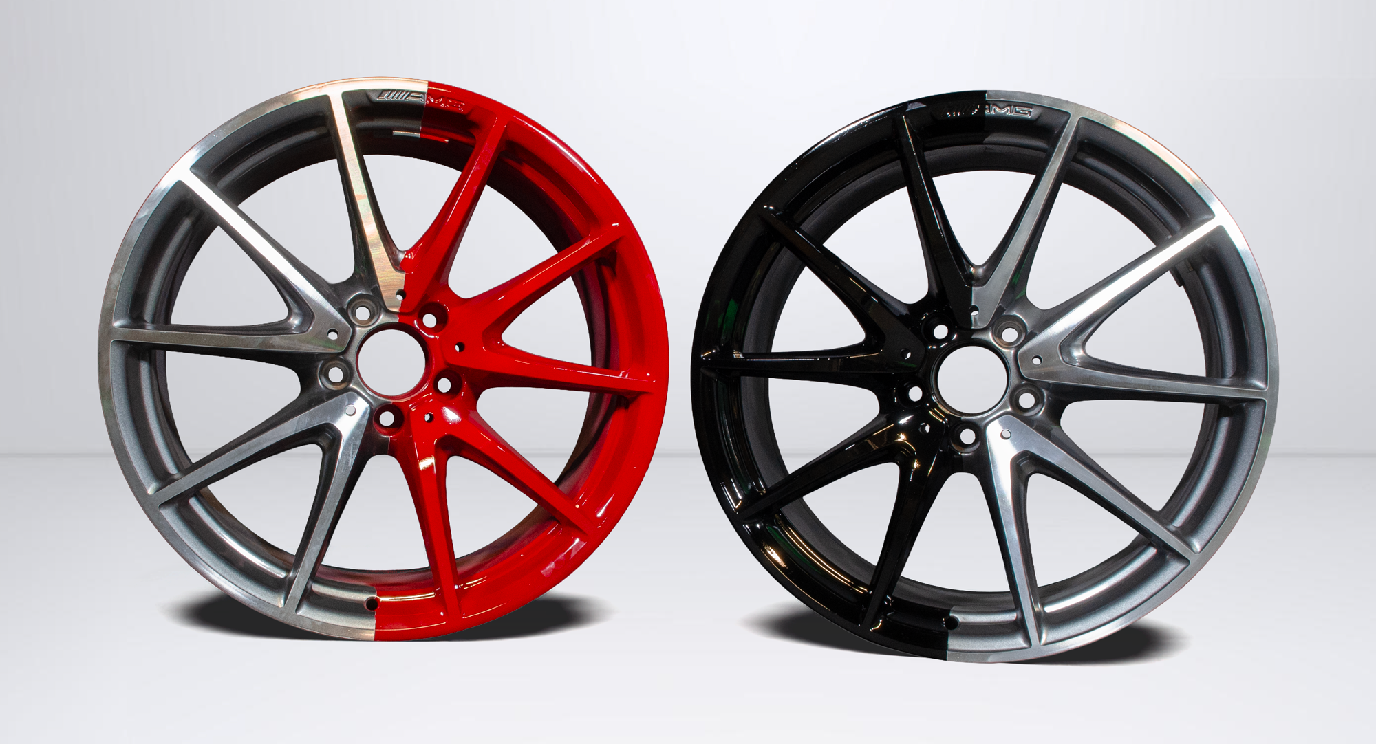 Alloy wheel partway through a color change during painting at Feldmann Imports in Bloomington, MN