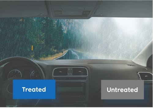 Windshield comparison showing untreated glass versus Carbon Steel treated glass in wet-weather driving