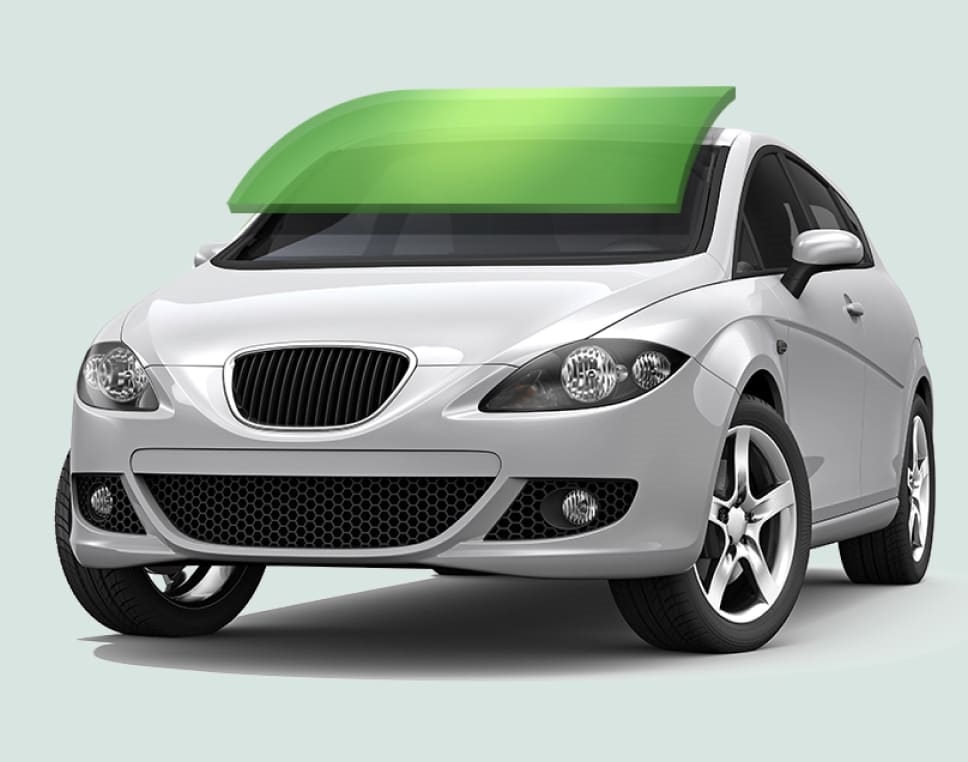 Vehicle windshield shown with the Carbon Steel protective layer applied