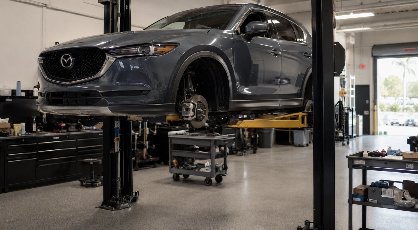 Brickell Mazda service bay with a Mazda on the lift, Miami, FL