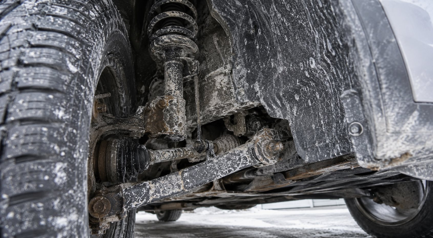 Salt residue and corrosion on a vehicle undercarriage after a Chicago winter