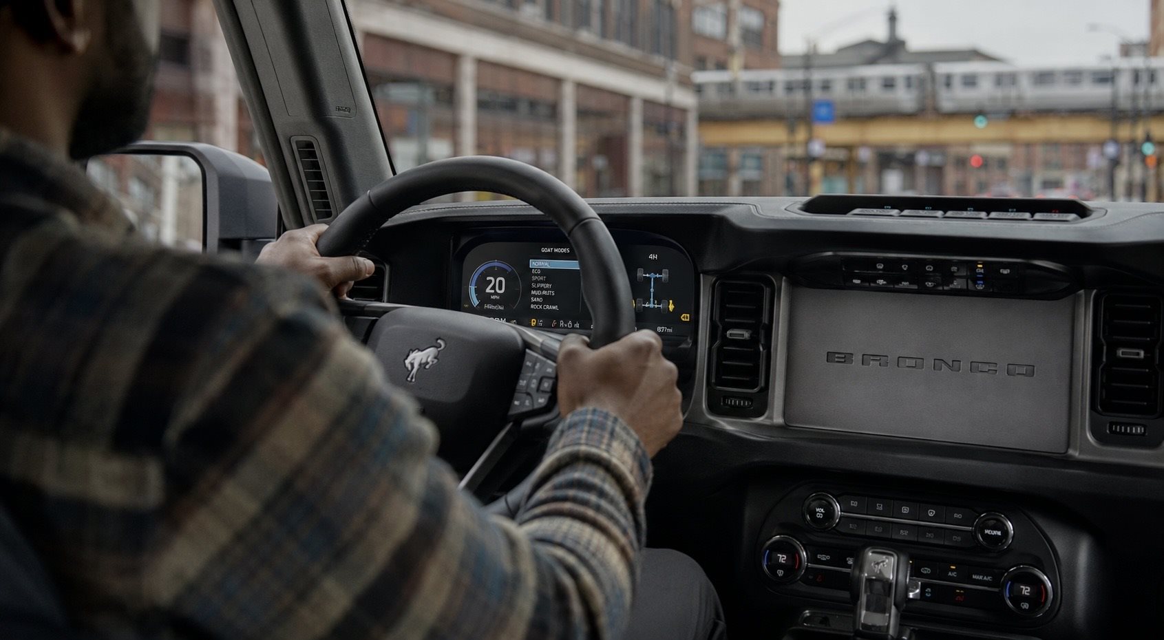Ford Bronco instrument cluster showing G.O.A.T. Mode and 4x4 indicator icons