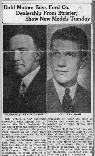 1937 newspaper clipping announcing Dahl Motors' purchase of the Ford dealership in Davenport, Iowa