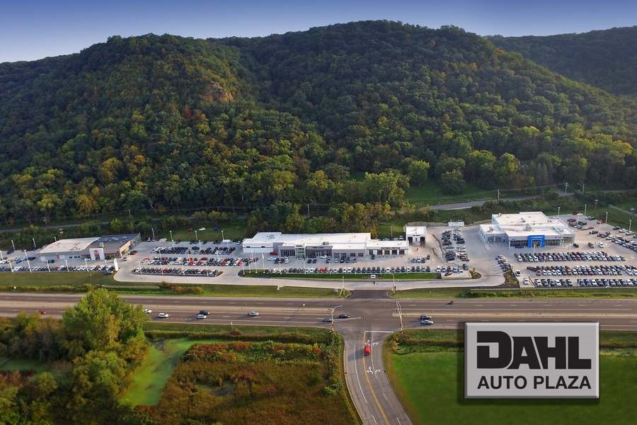 Drone photo looking down on a large auto plaza