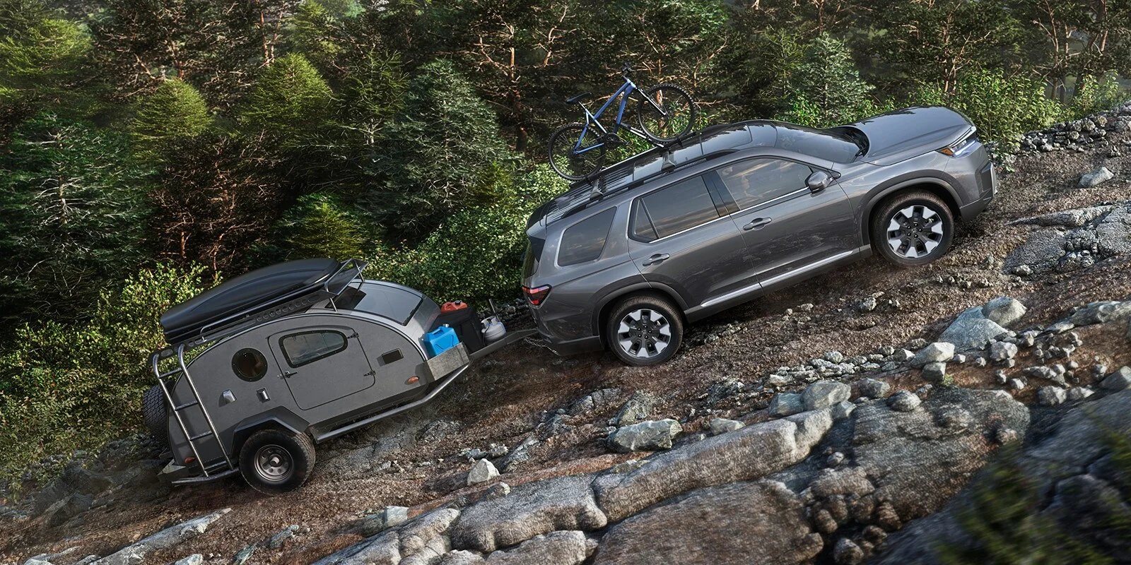 2026 Honda Pilot towing a small trailer, rated at 5,000 lbs when properly equipped
