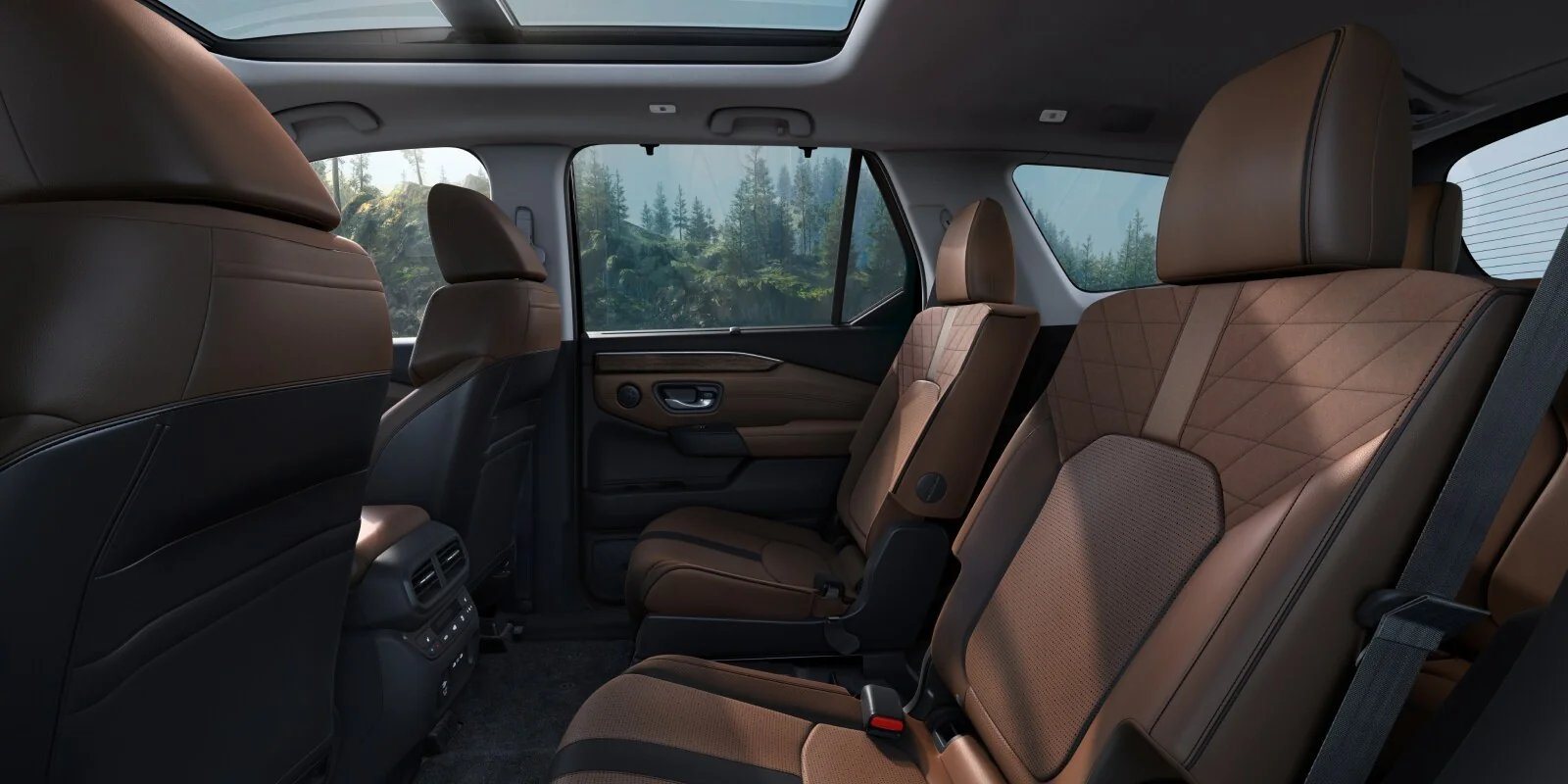2026 Honda Pilot second and third row seating in brown leather