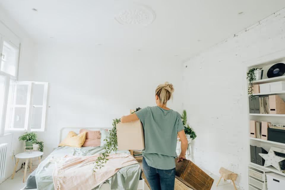 Photo of a young woman arranging the bedroom