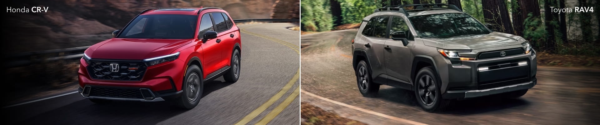 Red Honda CR-V and gray Toyota RAV4 driving on winding roads.