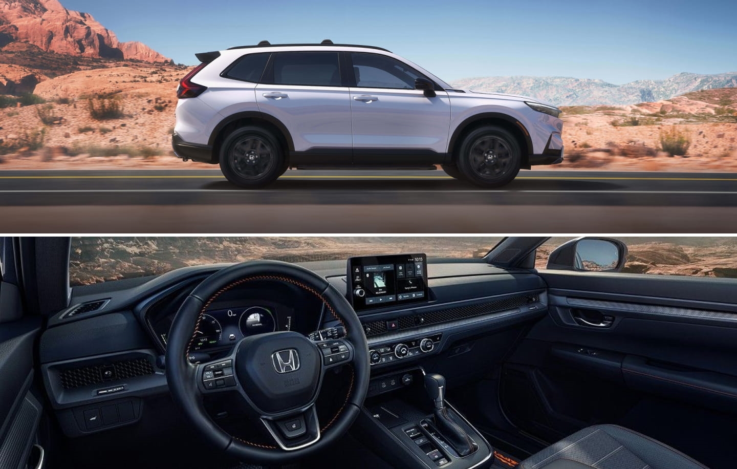 White Honda CR-V driving through a desert landscape above a view of its interior cockpit.