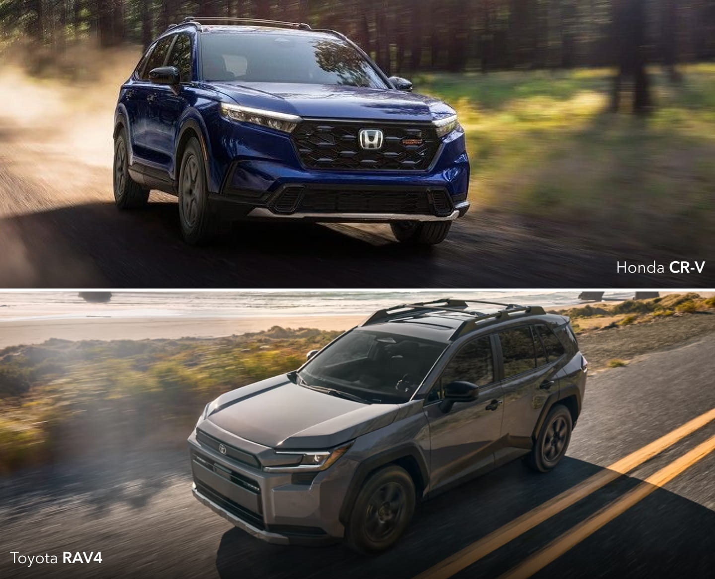 Blue Honda CR-V and gray Toyota RAV4 driving on scenic roads.