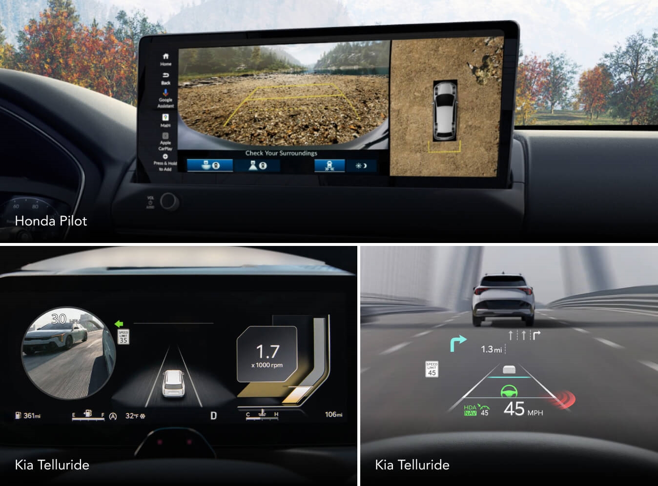 A close-up shot of a Honda Pilot touchscreen Multiview Camera System. Close-up shots of KIA Telluride lane assist and Heads Up Display.