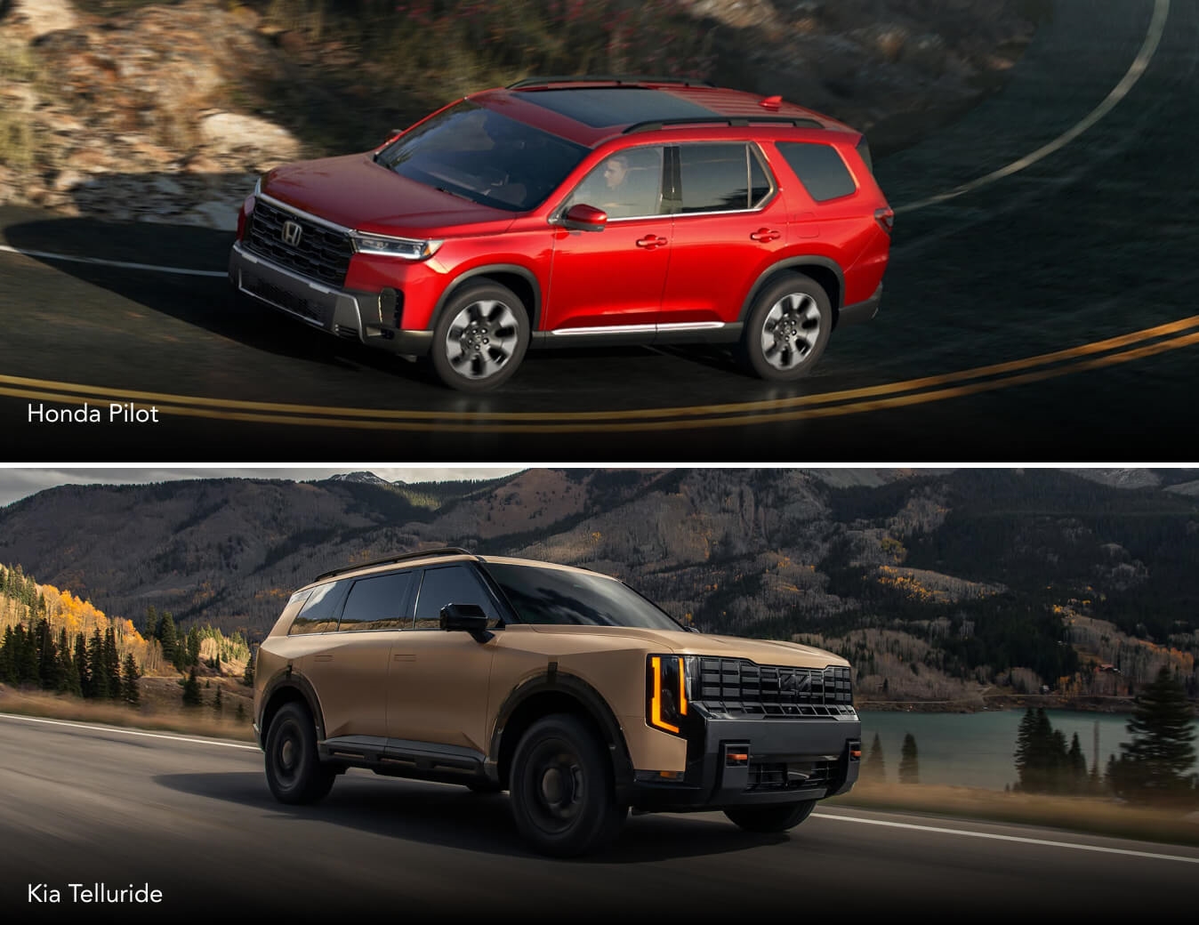 A red Honda Pilot turns around a switchback on a mountain road. A beige KIA Telluride drives down a mountain road by a lake.