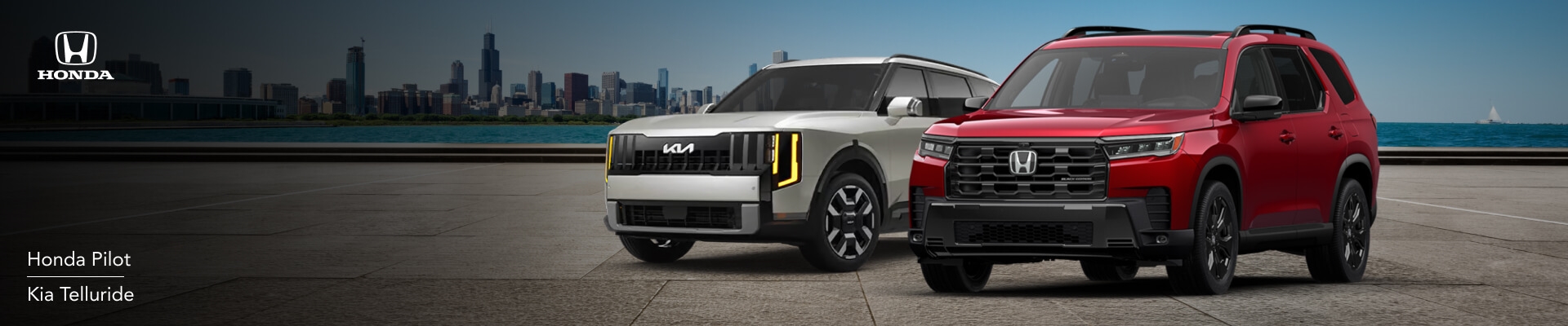 A red 2026 Honda Pilot and beige 2027 KIA Telluride parked side by side in front of a waterfront city skyline.