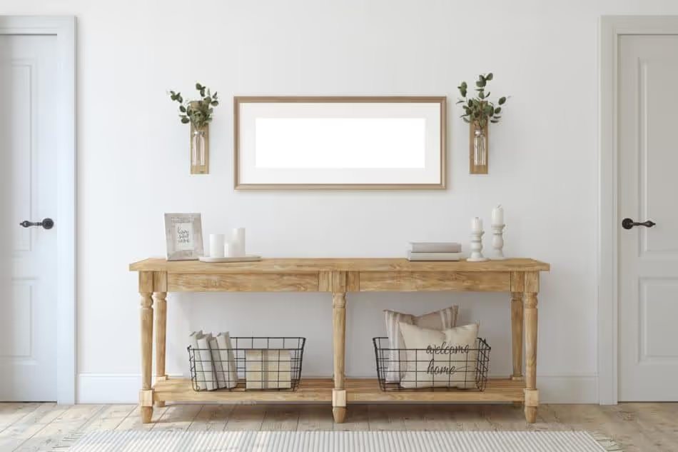 Farmhouse entryway table and decorations