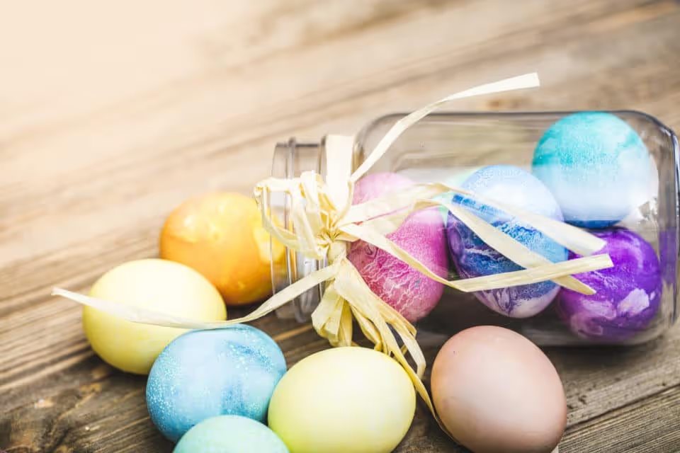 Mason jar filled with Easter eggs