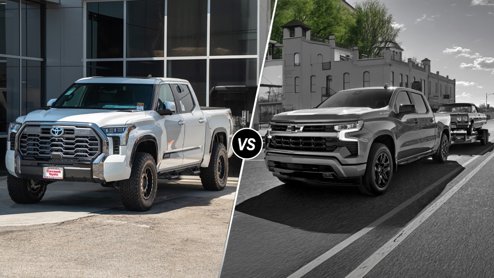 2026 Toyota Tundra and 2026 Chevrolet Silverado 1500 shown side by side at Claremont Toyota in Los Angeles County