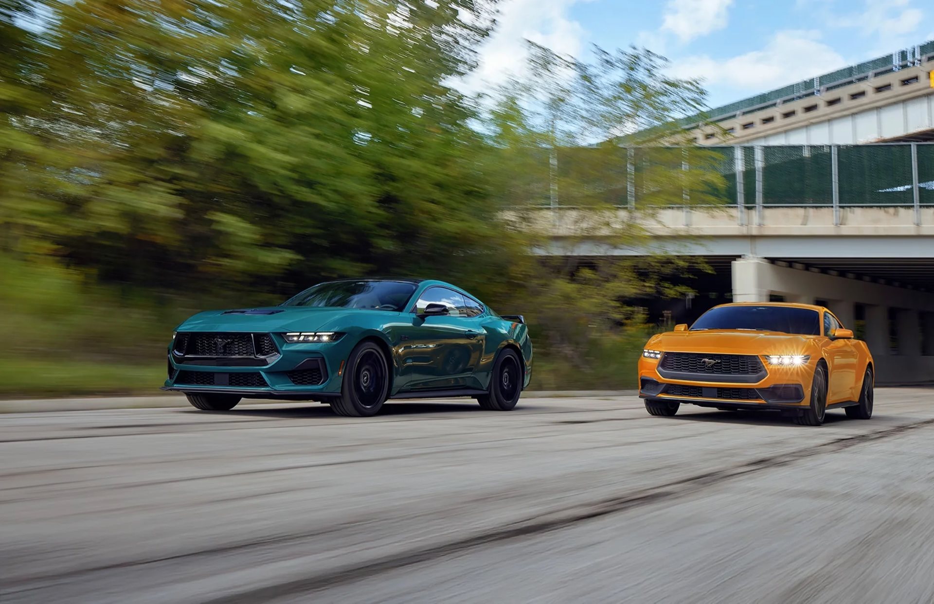 Ford Mustang GT Fastback alongside a Mustang EcoBoost Fastback, the two engine choices used buyers pick between