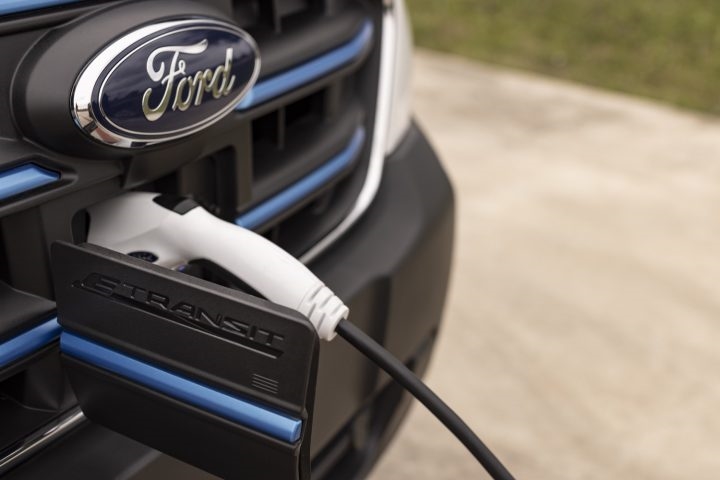 2026 Ford E-Transit charging at a commercial charging station