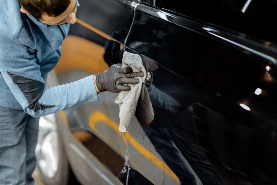 A car detailer carefully washing the exterior of a black car.