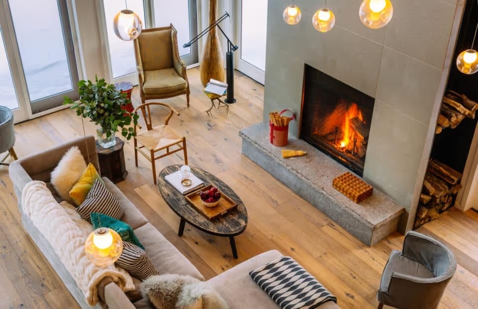 Cabin living room with fireplace 