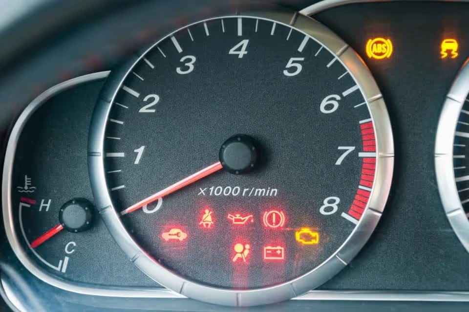 Closeup of car tachometer with many illuminated indicators