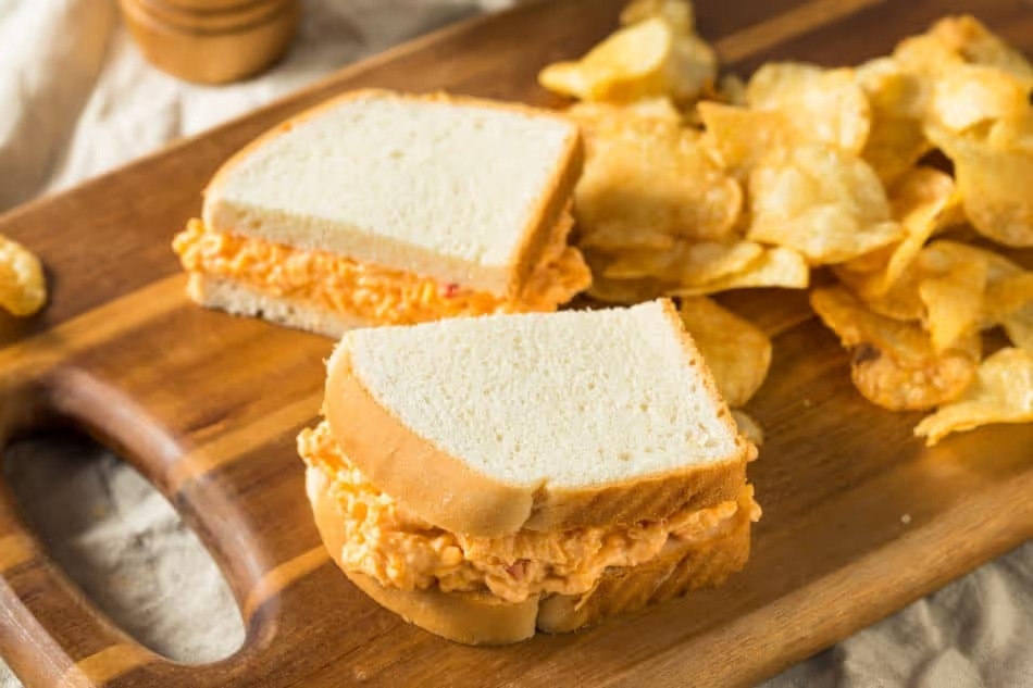 Homemade pimento cheese sandwich served with potato chips