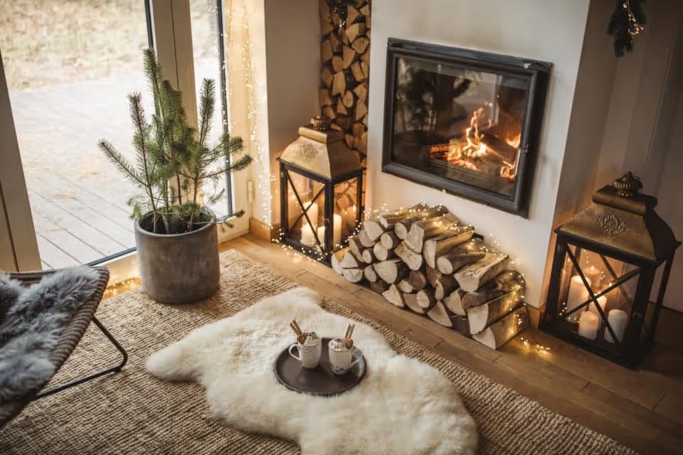 Cozy living room winter interior with fireplace