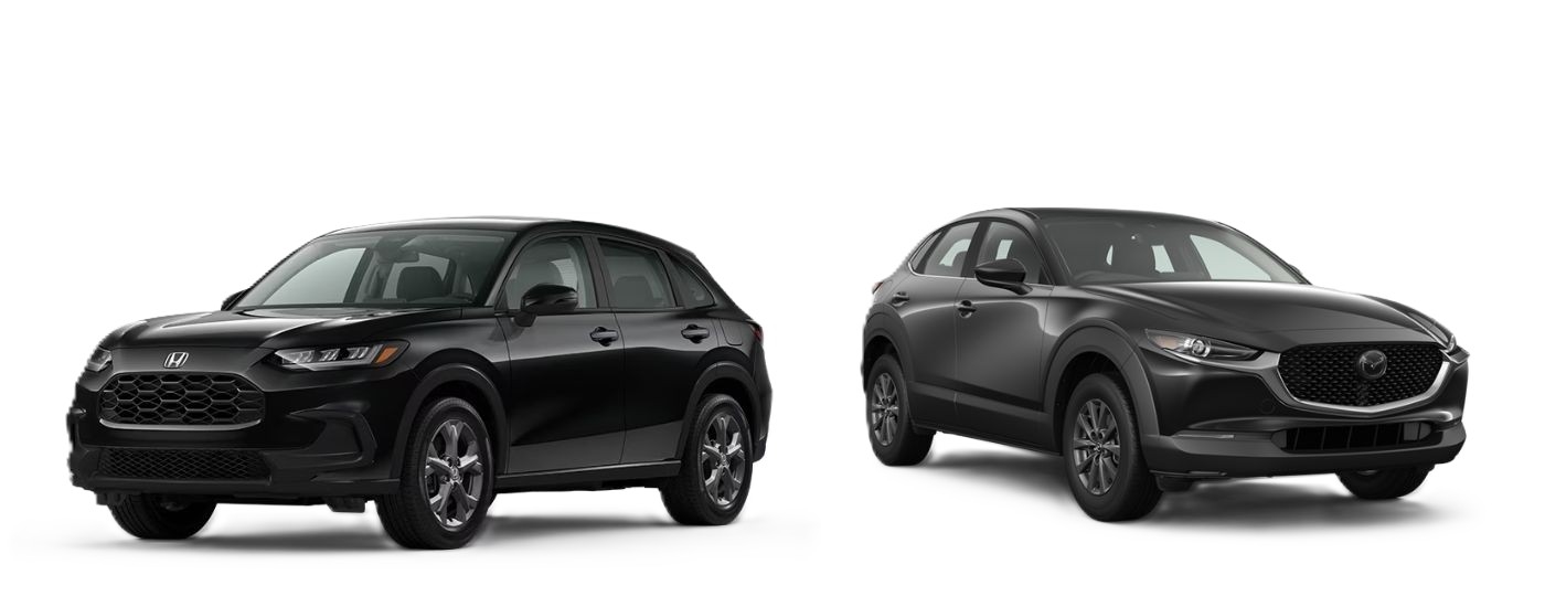 A black 2027 Honda HR-V vs a black 2027 Mazda CX-30.