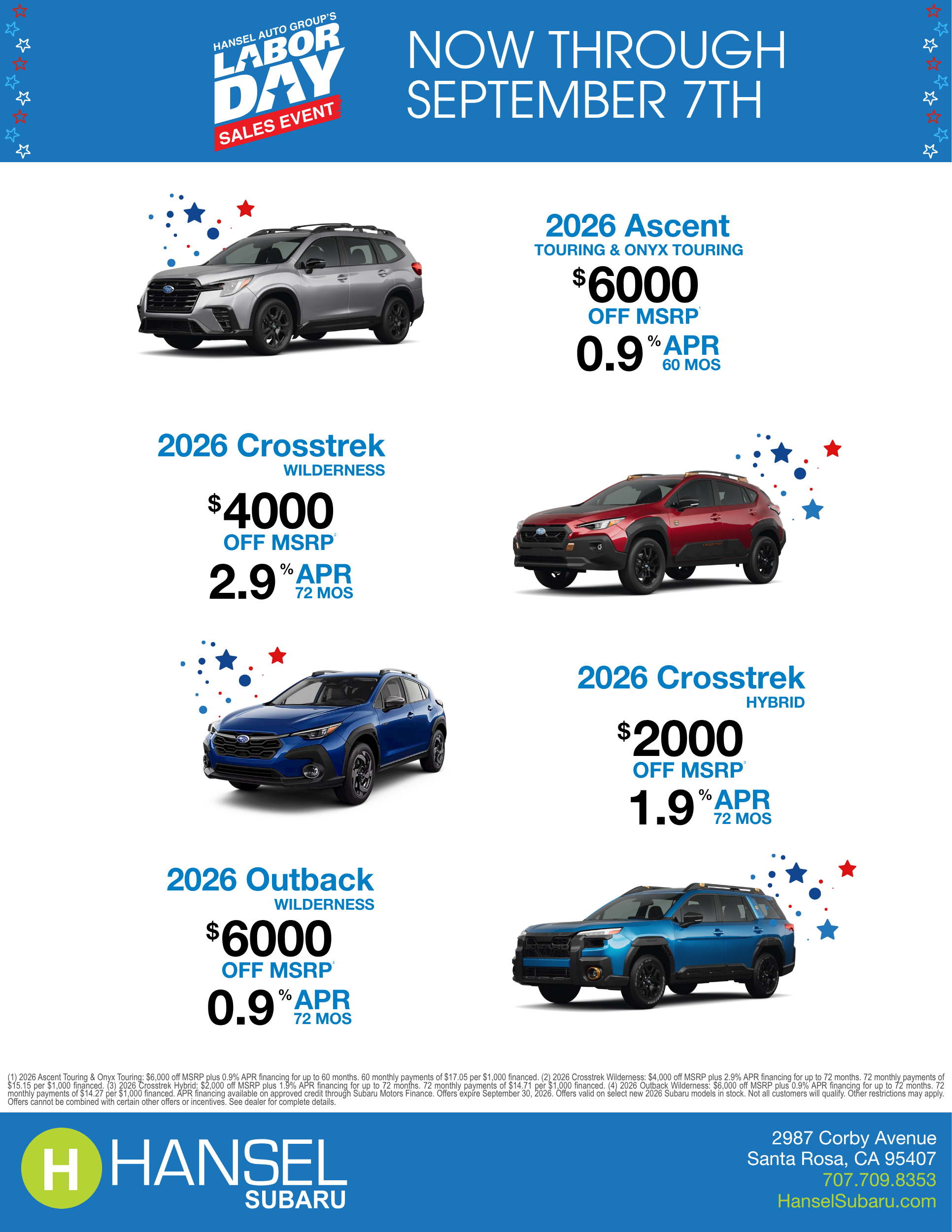 Hansel Subaru Labor Day Specials