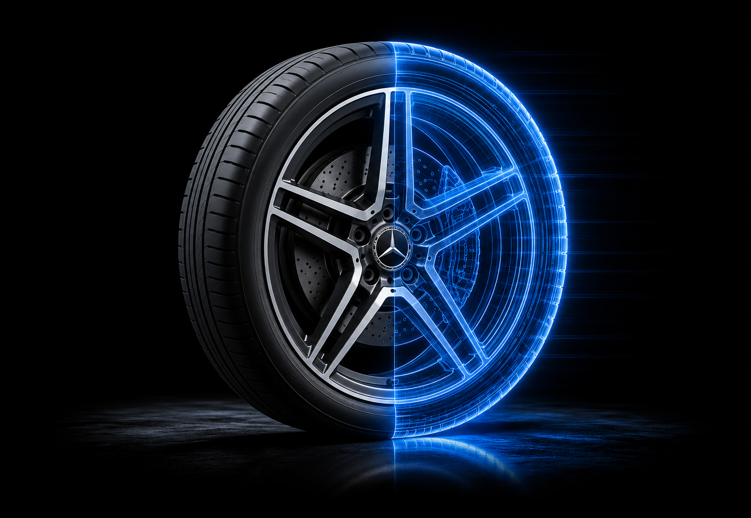 Scan visualization of an alloy wheel and tire showing tread and rim detail