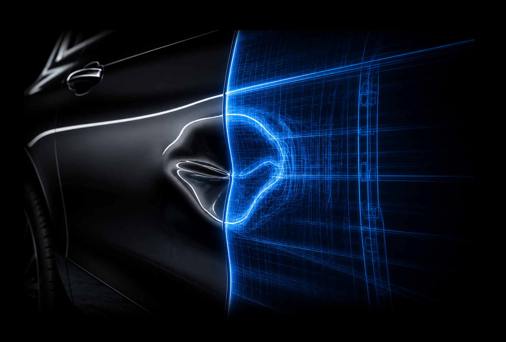 Close scan visualization of a door panel dent on a dark vehicle