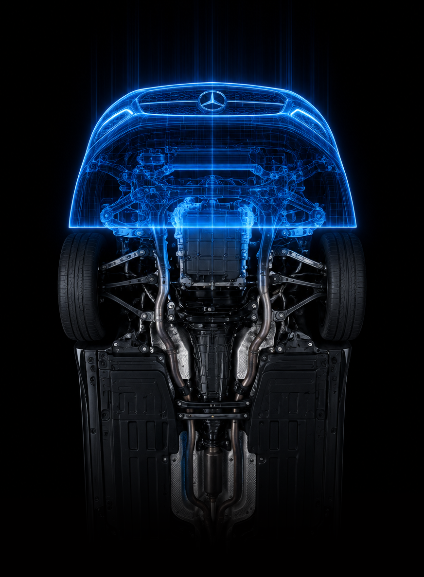Underbody scan view of a Mercedes-Benz showing exhaust, transmission, and chassis structure