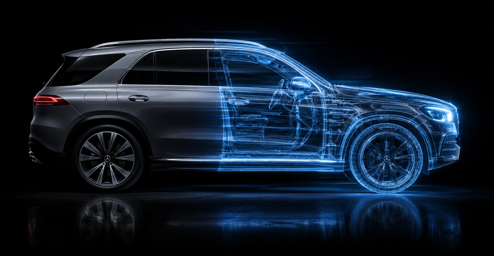 Cutaway scan visualization of a Mercedes-Benz SUV showing internal structure