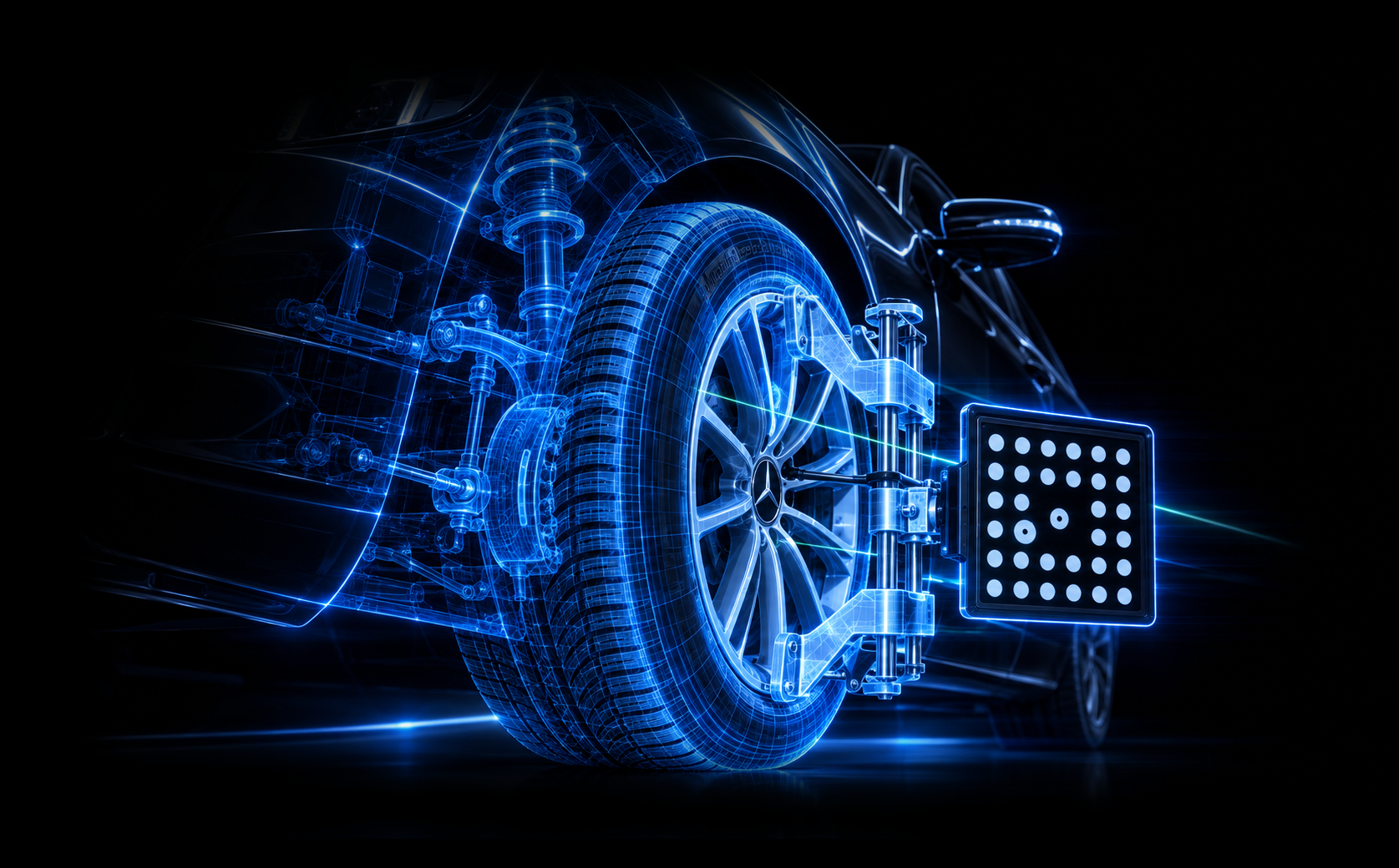 Four-wheel alignment measurement setup with laser reference lines across a vehicle